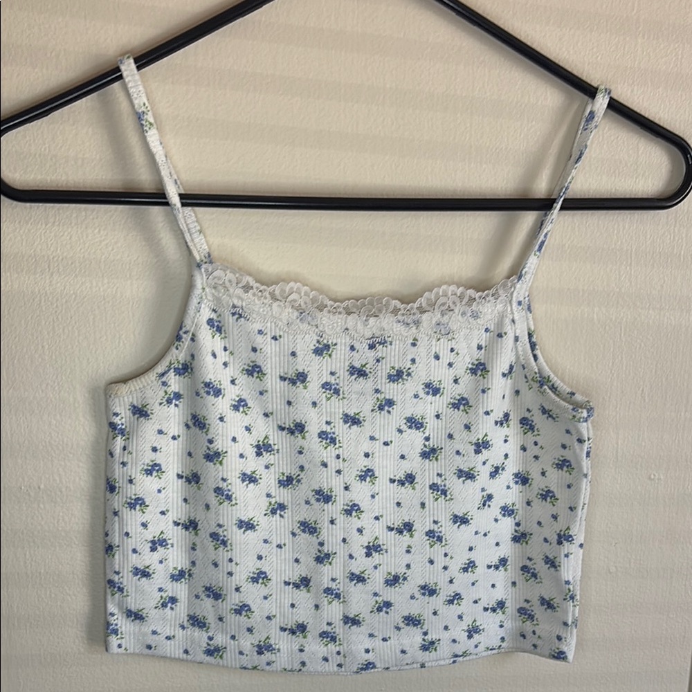 Floral Lace Trim Cami Top - White and Blue